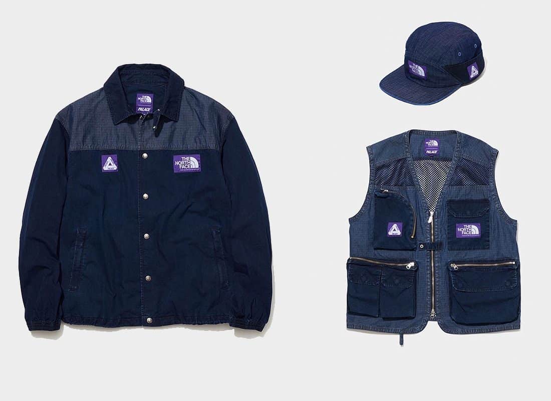 purple and blue north face jacket